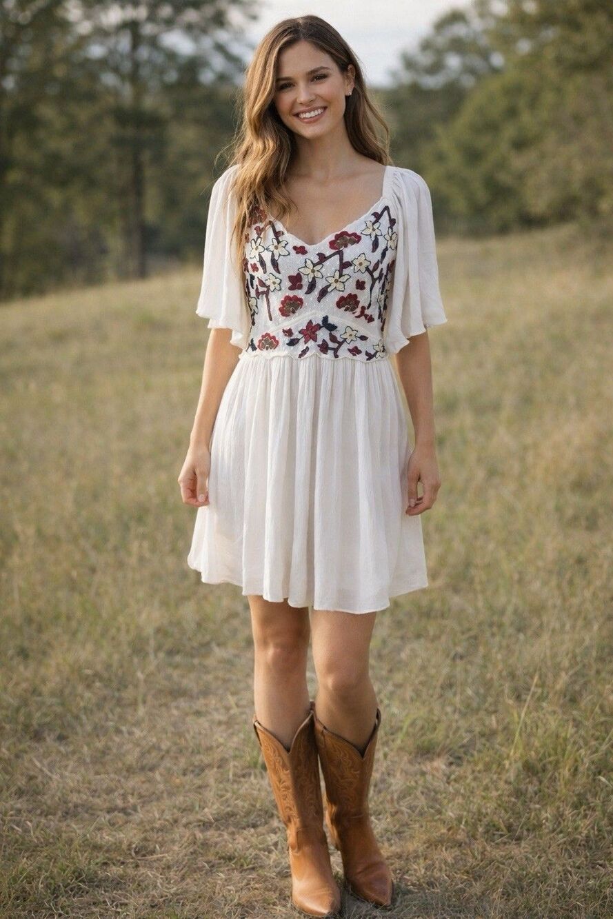 Shyanne Boho Dress Mesh Overlay Embroidered Bell Sleeve Cream  Gauzey Size M